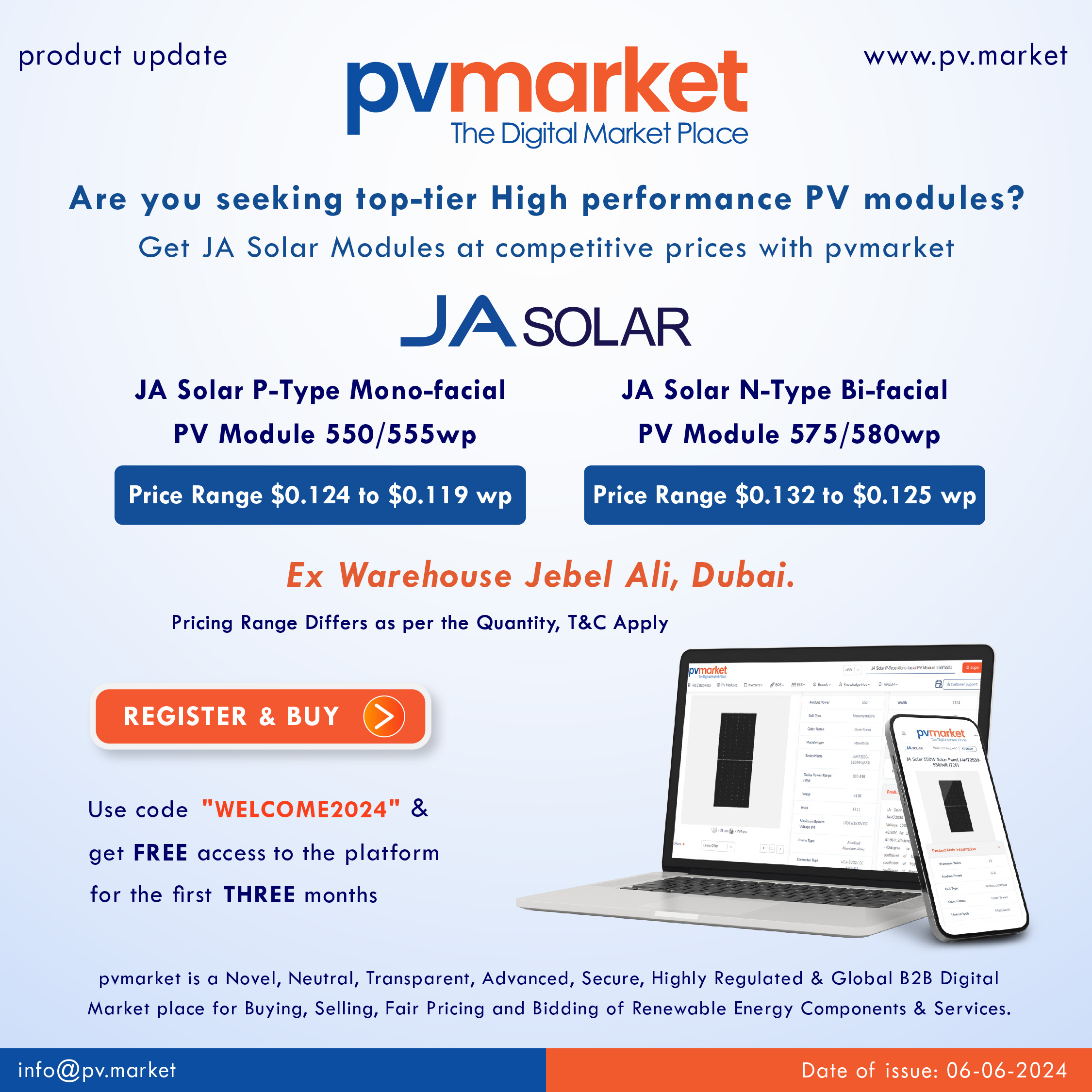 JA Solar - P-Type Mono-facial PV Module 550/555wp, N-Type Bi-facial PV Module 575/580wp